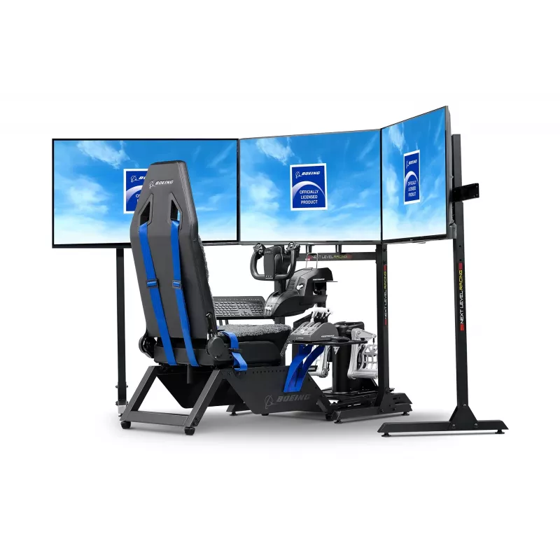 Next Level Racing Boeing Commercial Edition lentosimulaattorin ohjaamo, siniset korostukset