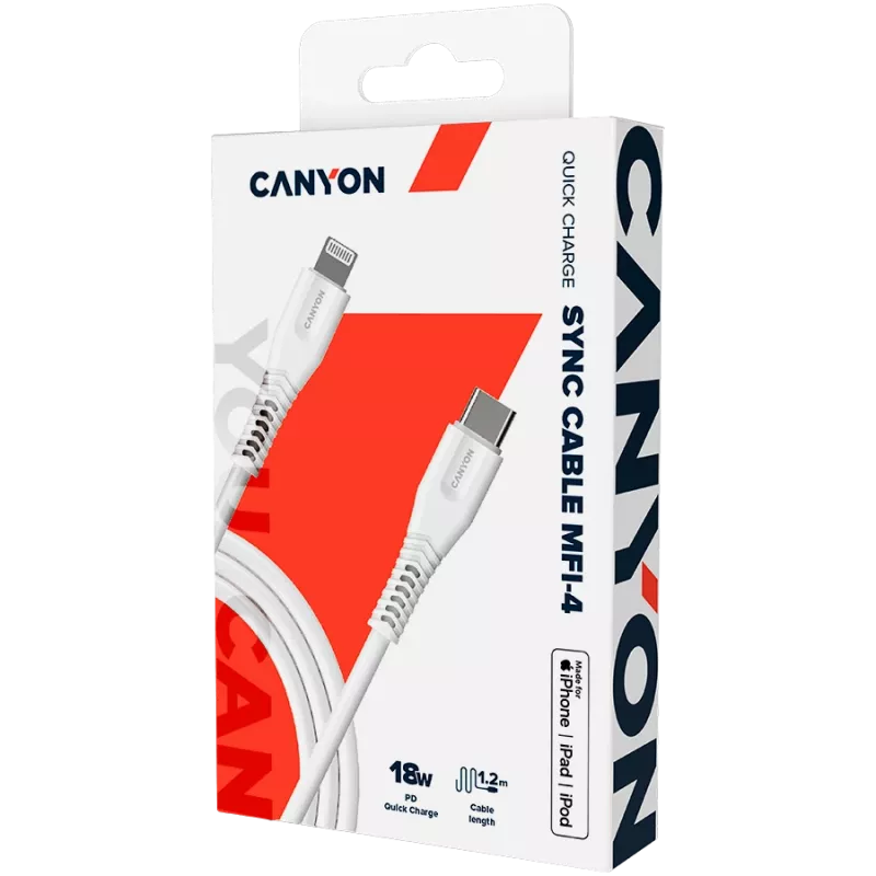 CANYON kaapeli MFI-4 Type-C-Lightning 1,2m valkoinen