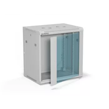 Seinäasennettava 19 tuuman kaappi Alantec 12U 600x450 mm, yksittäinen lasiovi, irrotettavat täydelliset taka- ja sivuseinät, lukittava, 4 asennuskiskoa, harmaa, litteä pakkaus
