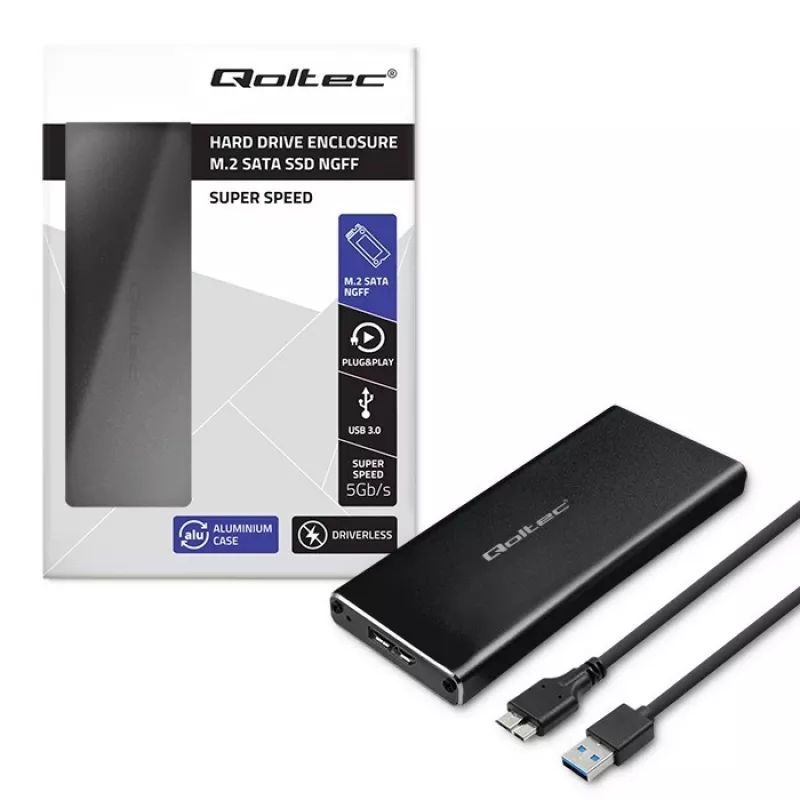 M.2 SATA SSD-kotelo QOLTEC 51854 USB 3.0 työkaluton