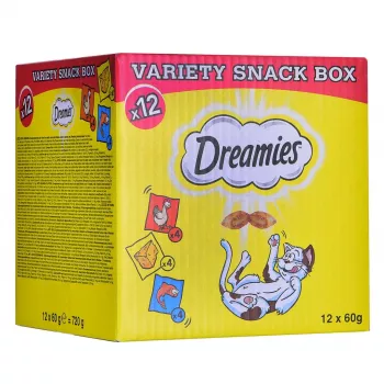 Kissanherkut Dreamies Cheese, Chicken, Salmon -valikoima 12×60 g — lihapitoiset kiinteät herkut, proteiini 31 %, rasva 21 %