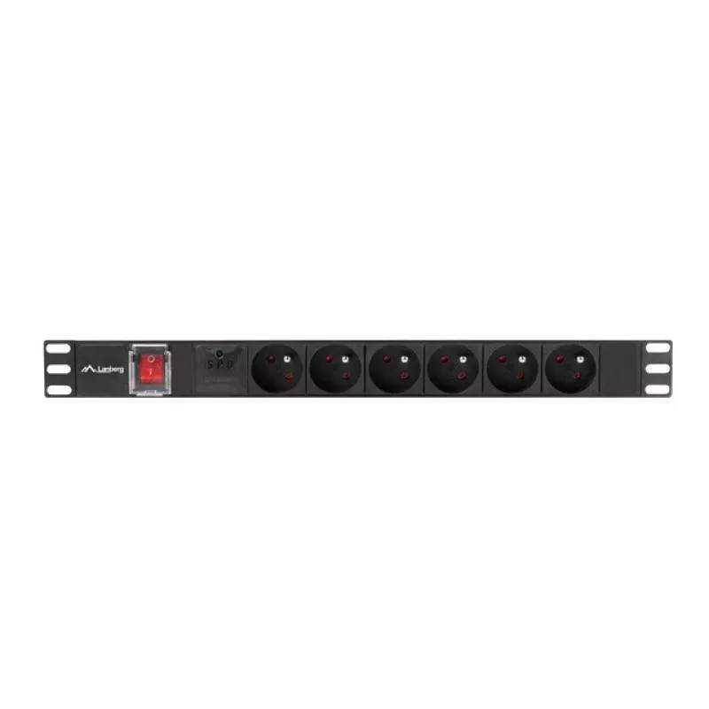 Virranjakoyksikkö LANBERG PDU-06E-0200-BK — 6x Type-E lähtöä, 16 A, 2 m kaapeli, 1HE rack, 220–250 V