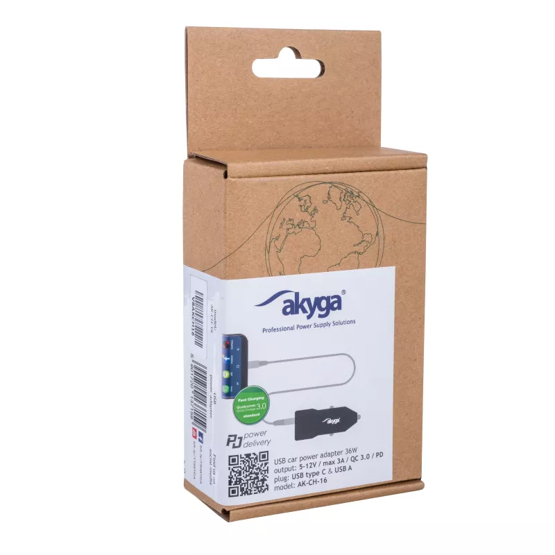 Autolaturi 12/24V Akyga AK-CH-16 36W USB-A + USB-C PD Quick Charge 3.0 5-12V / 1,5-3A musta