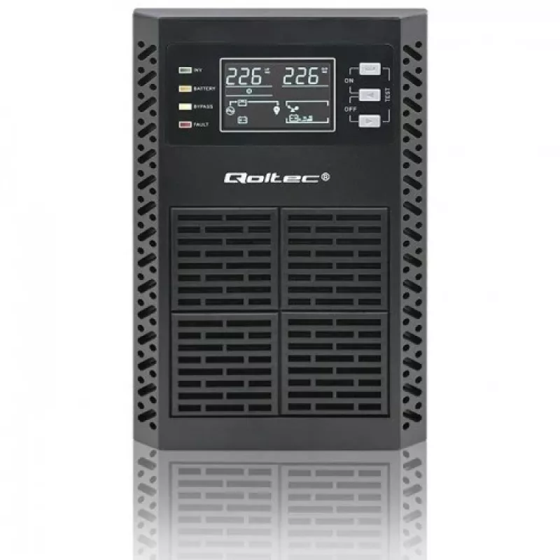 Qoltec 52281 UPS (keskeytymätön virransyöttö) kaksoismuunnos (Online) 2 kVA 2000 W 3 AC-lähtöä