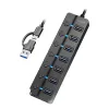 USB 3.2 Gen 1 -keskitin, 7 porttia on/off-kytkimellä, musta