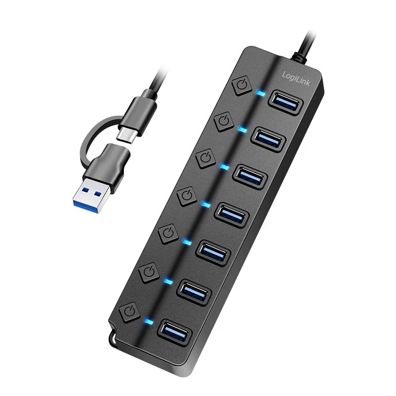 USB 3.2 Gen 1 -keskitin, 7 porttia on/off-kytkimellä, musta