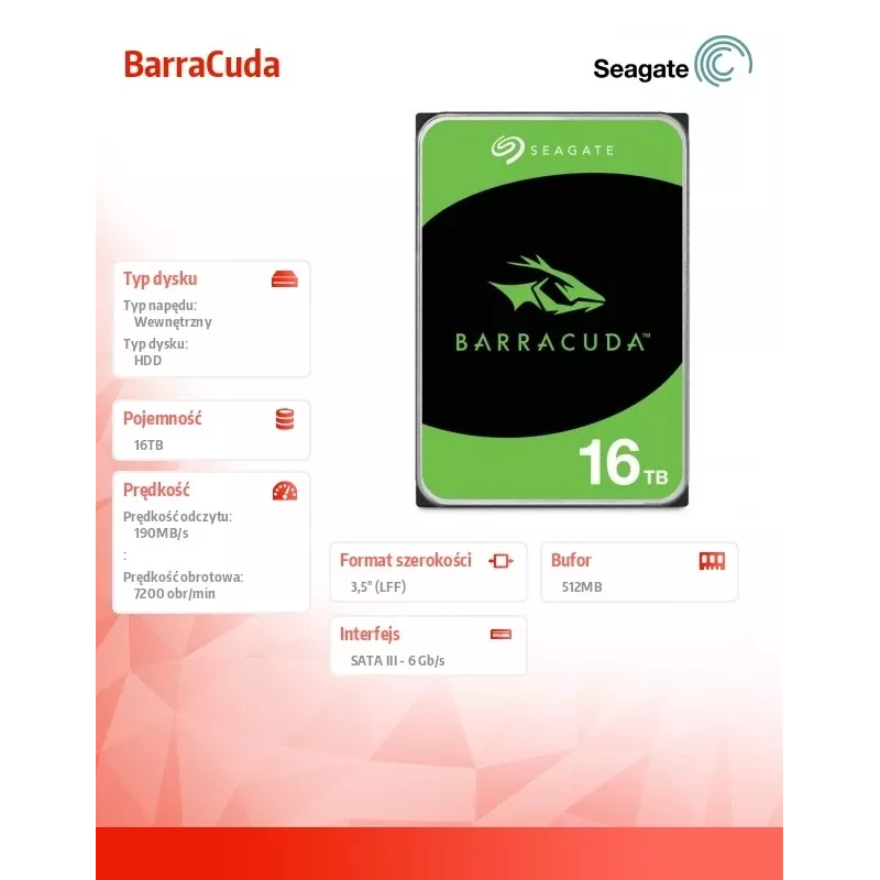 Seagate Barracuda 16TB sisäinen kiintolevy 7200 RPM 512 MB 3.5 tuuman Serial ATA