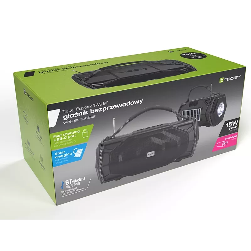 Tracer Explorer TRAGLO47616 kannettava Bluetooth-kaiutin, TWS, Bluetooth 5.3, 15 W RMS, FM-radio, taskulamppu, aurinkopaneeli, 1800 mAh varavirtalähde, microSD, musta