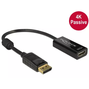 DeLOCK - video-/äänisovitin - DisplayPort / HDMI - DisplayPort (M) - HDMI, 19-napainen (W) - 20 cm - (DisplayPort 1.2) - musta (62609)