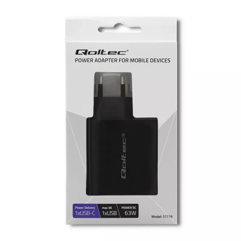 Qoltec 51716 seinälaturi 63 W, USB-C PD + USB QC 3.0, 5-20 V 1,5-3 A, musta