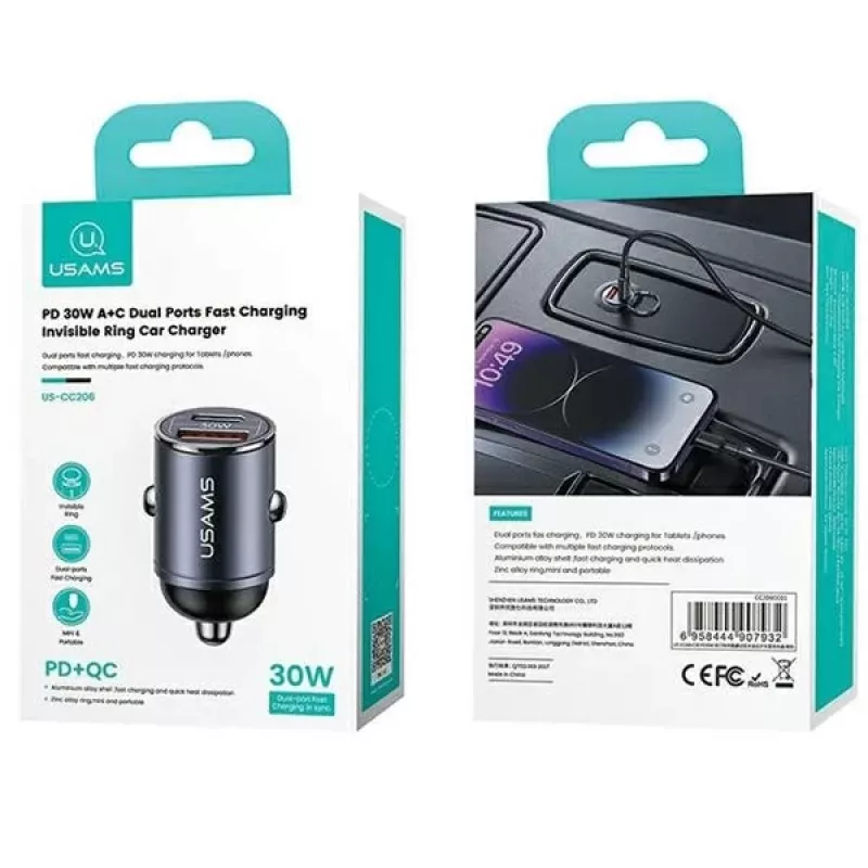 Autolaturi usams C38 30W — 1x USB-A + 1x USB-C pikalataus