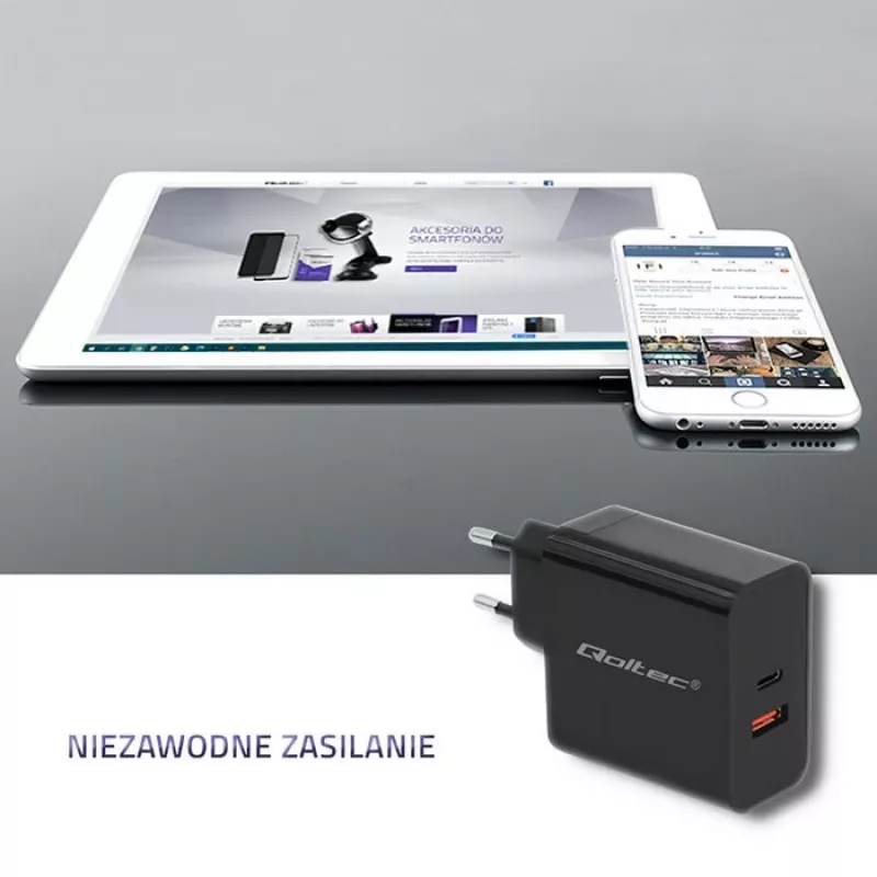 Qoltec 51716 seinälaturi 63 W, USB-C PD + USB QC 3.0, 5-20 V 1,5-3 A, musta