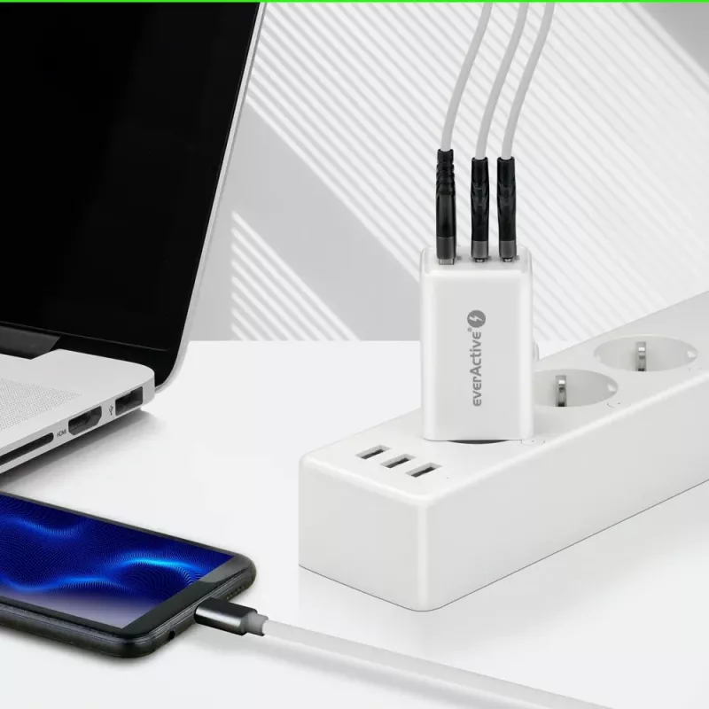 everActive SQ-655Q 65W -pikalaturi, 1×USB-A + 2×USB-C