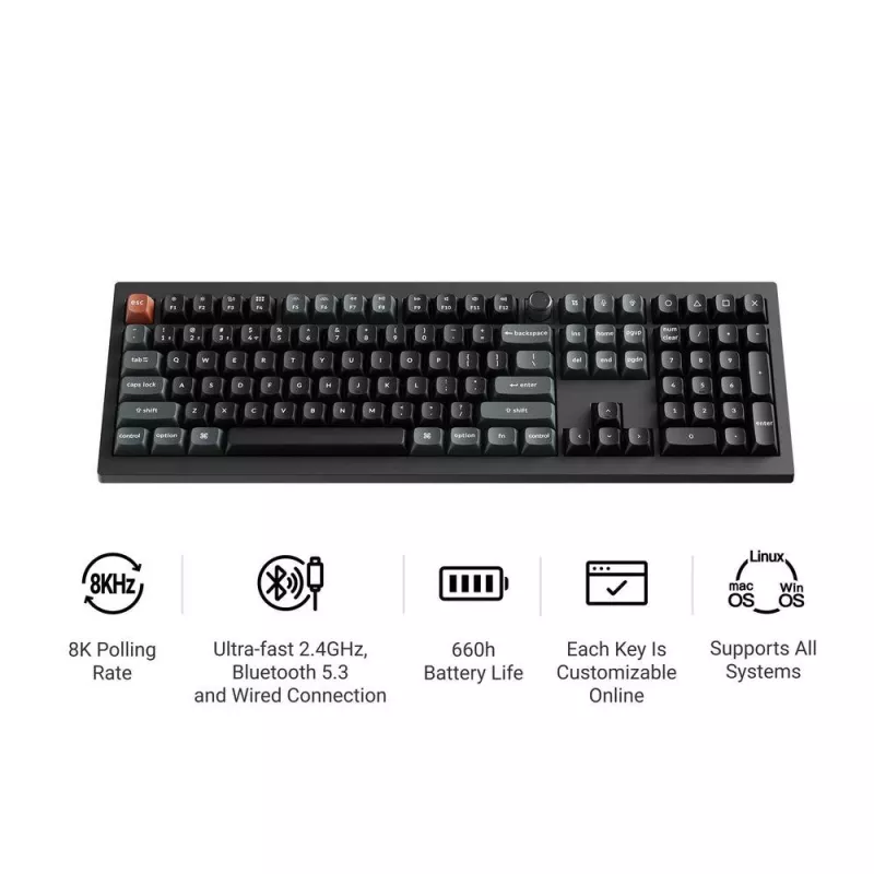 Mekaaninen Full-Size (100%) -näppäimistö Keychron V6 Ultra 8K — QWERTY, Bluetooth, RGB-LED, musta