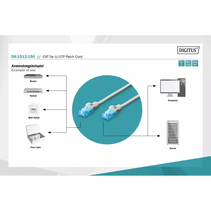 Digitus DK-1512-150 RJ45 -verkkokaapeli CAT 5e U/UTP harmaa 15 m