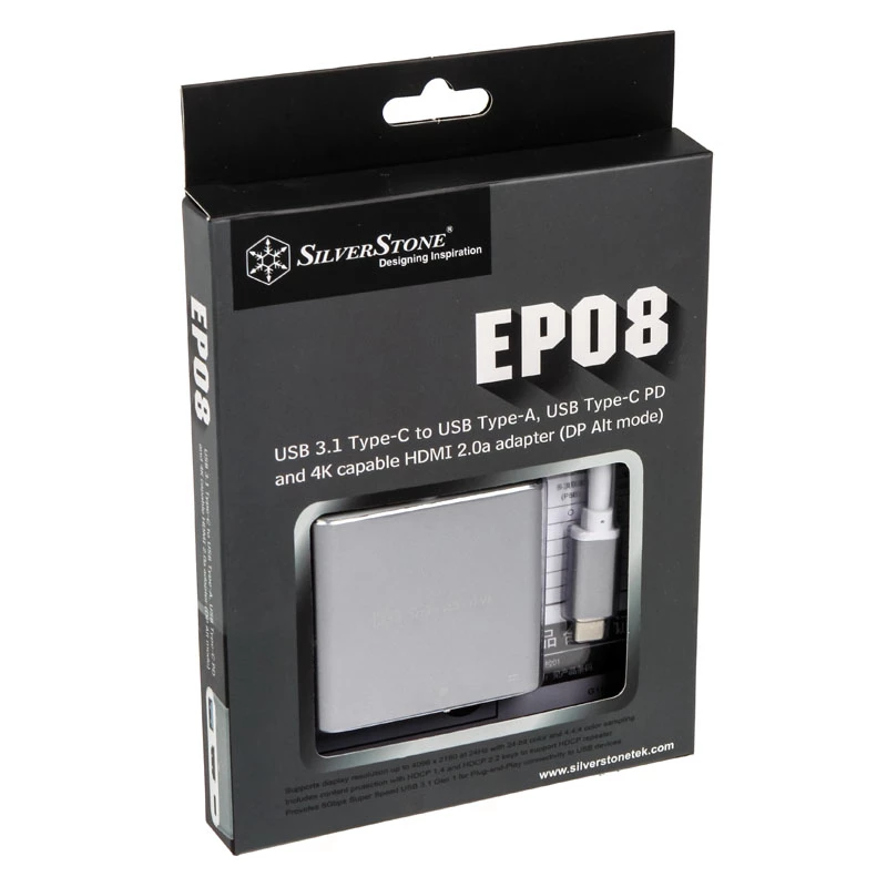 SilverStone SST-EP08C - USB 3.1 Type-C -adapteri HDMI/USB Type-C/USB Type-A - hopea