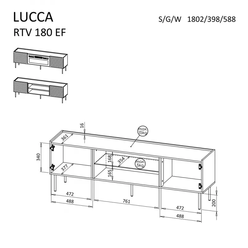 TV-taso cama meble LUCCA 180x40x59 cm, musta lastulevypinta, musta kehys