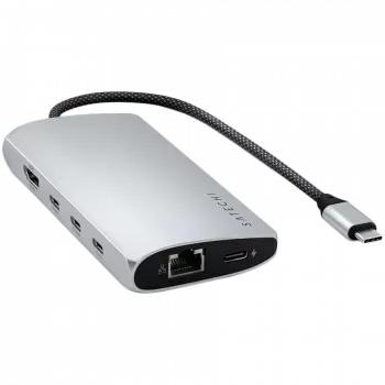 Kannettavan telakka / porttitoistin Satechi ST-P8KES — johdollinen, USB 3.2 Gen 1 Type-C, Gigabit Ethernet, SD-kortti, hopea