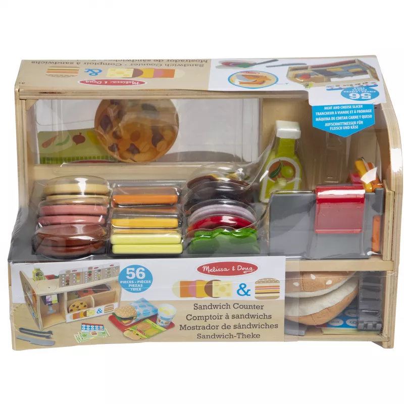 Melissa & Doug puinen voileipätiski leikkelemakoneella – 56-osainen leikkiruokasarja – FSC-sertifioitu