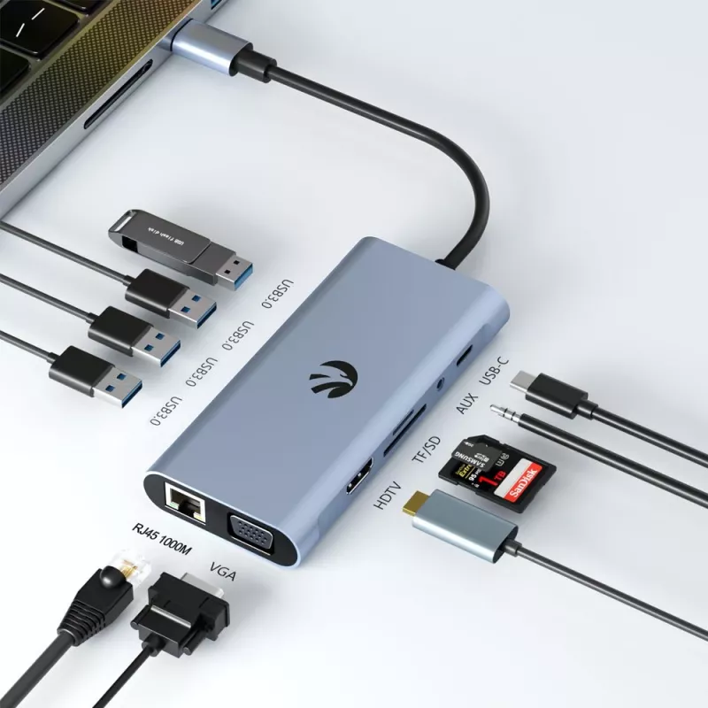USB-C 11-in-1 -sovitin Hawk HW-HUB1101 — moniporttikeskitin 11 liitännällä