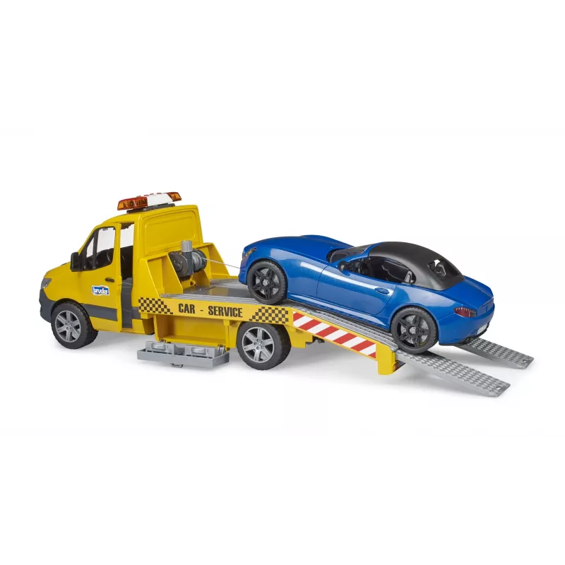 Bruder MB Sprinter autonkuljetusauto valo- ja äänimoduulilla, oranssi/sininen, sisältää roadsterin