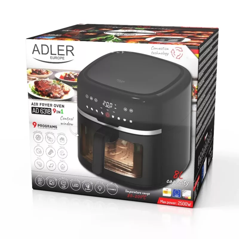Adler AD 6318 kuumailmafriteerauskeitin, 8 l, 2500 W, LCD-näyttö, 9 ohjelmaa, musta