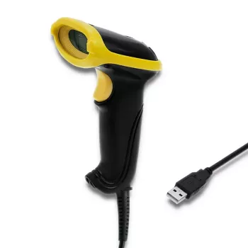 Käsikäyttöinen viivakoodinlukija QOLTEC 50867 — 1D/2D-laserskanneri, USB johdollinen, 600 mm kantama, keltainen/musta