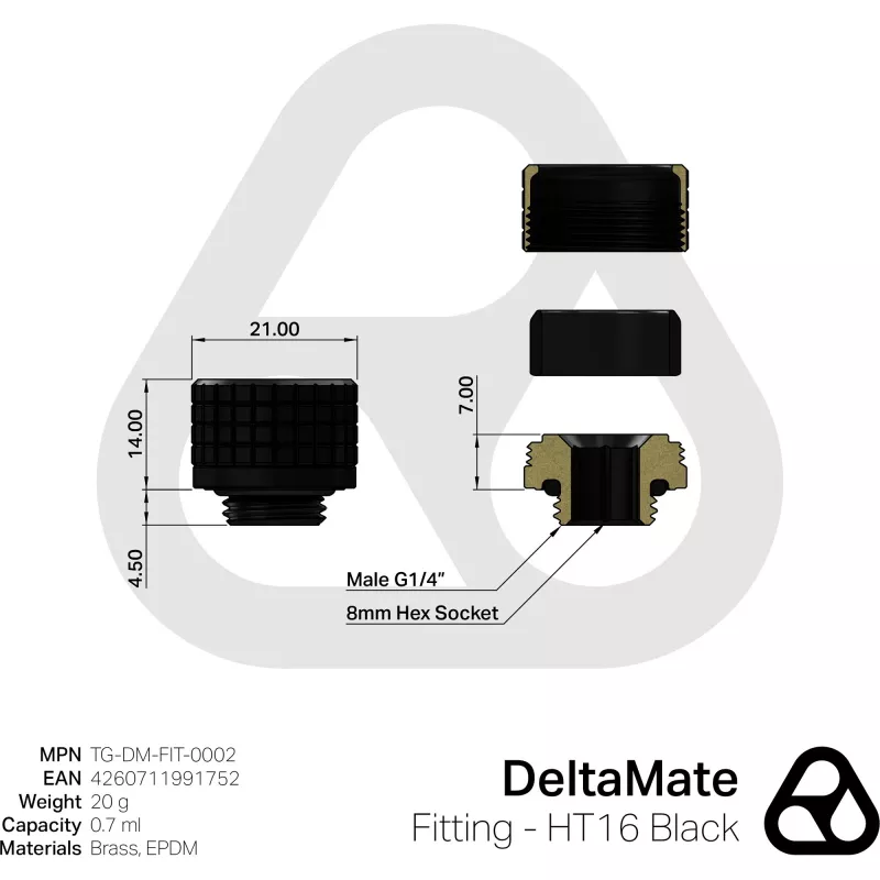 Thermal Grizzly DeltaMate HT16 Vesijäähdytysliitin, Musta