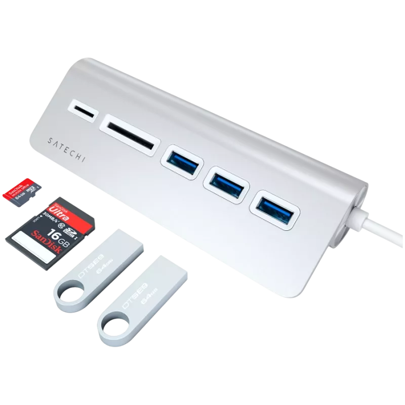 Satechi Type-C alumiininen USB-keskitin ja kortinlukija, hopea, ST-TCHCRS