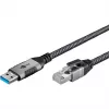 Ethernet-kaapeli USB-A 3.2 Gen1 uros > RJ-45 uros, LAN-sovitin musta/hopea, 2 metriä, punottu tekstiilivaippa