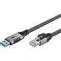 Ethernet-kaapeli USB-A 3.2 Gen1 uros > RJ-45 uros, LAN-sovitin musta/hopea, 2 metriä, punottu tekstiilivaippa