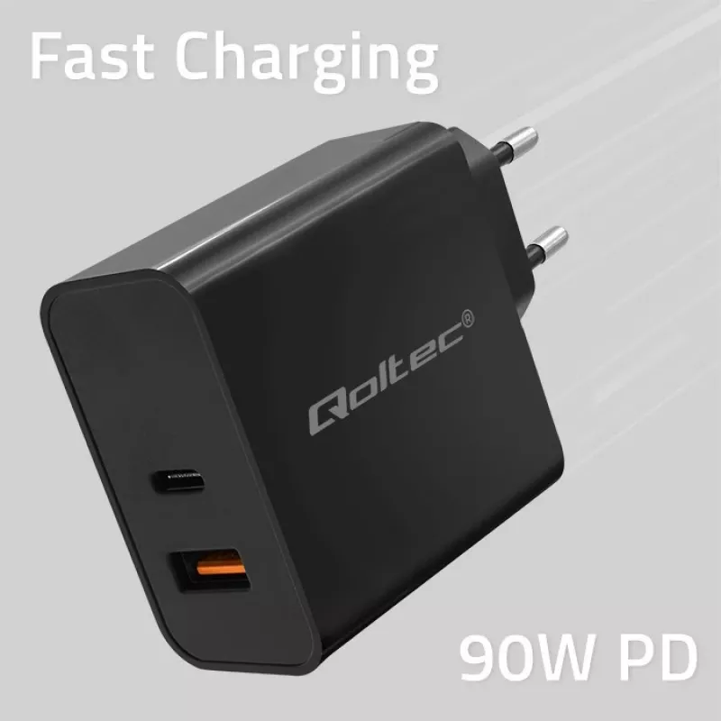 Qoltec 52381 Super Quick PD -laturi | 1xUSB-C | 1xUSB | 90W | 5-20V | 2,4-4,35A | musta