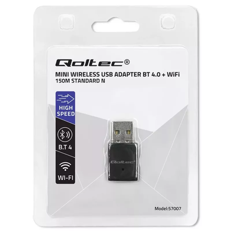 Kompakti langaton mini-USB-WLAN-sovitin QOLTEC 57007 – Single-Band 2,4 GHz, jopa 150 Mbit/s, sisäinen antenni