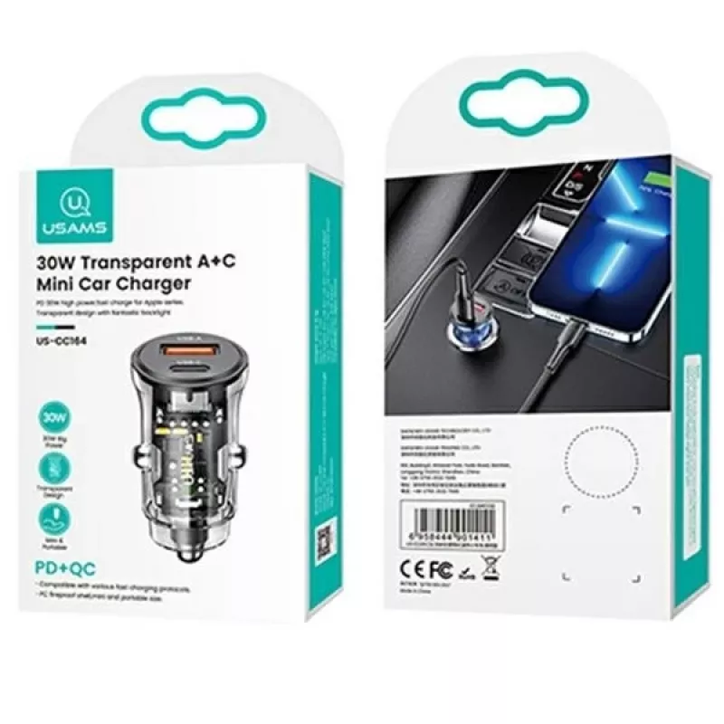 Autolaturi usams CC164CC01 30W 1×USB-A ja 1×USB-C nopeaan lataukseen