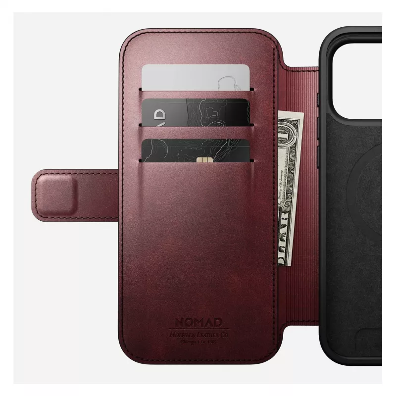 Nomad Modern Leather Folio -puhelinkotelo iPhone 17 Pro Max — nahka, TPU, PC, alumiini, burgundi, 16 cm (6,3 inch)