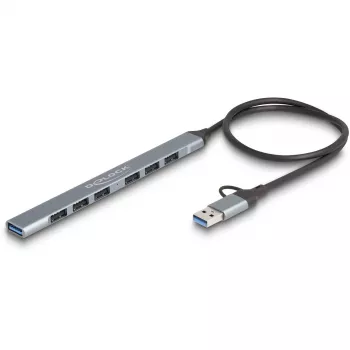Delock 64273 ohut 7-porttinen USB-keskitin, USB Type-C tai Type-A -> 1x USB 5 Gt/s Type-A + 6x USB 2.0 Type-A