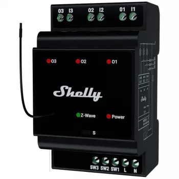 Älykäs rele Shelly Wave PRO 3 — musta, muovikotelo, 110–240 V AC, 50–60 Hz, 0,3 W, 53×59×96 mm
