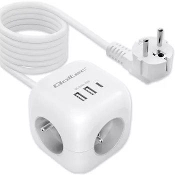 Power Cube QOLTEC 52547 jakotukki 3×AC-pistorasia, 2×USB-A, 1×USB-C PD 20W
