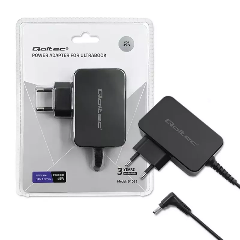 Virtalähde Qoltec 51032 45W sisäkäyttöön musta kannettaviin