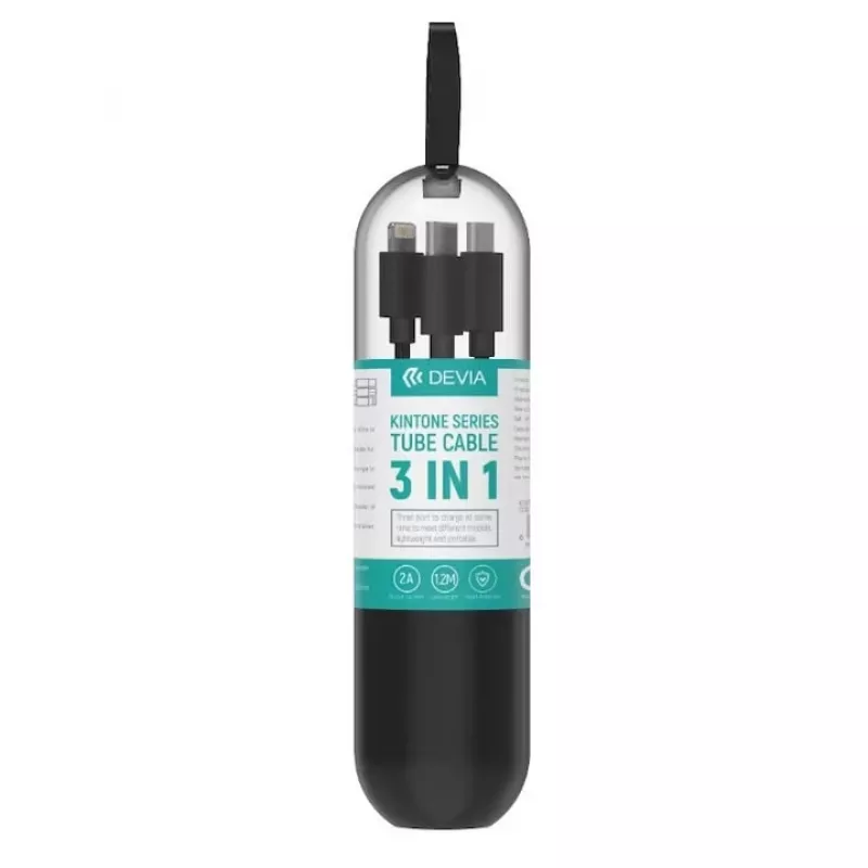 USB 3-in-1 lataus-/datakaapeli Devia Kintone Series — Lightning, Micro-USB, USB-C, 1,2 m, musta