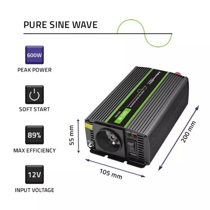 Qoltec Monolith jännitemuunnin auto 600 W 12 V