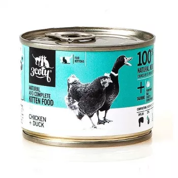 Märkäruoka kissoille 3coty kana & ankka pennuille 180 g — täysravinto, proteiini 20 %, rasva 9 %, kosteus 69,2 %