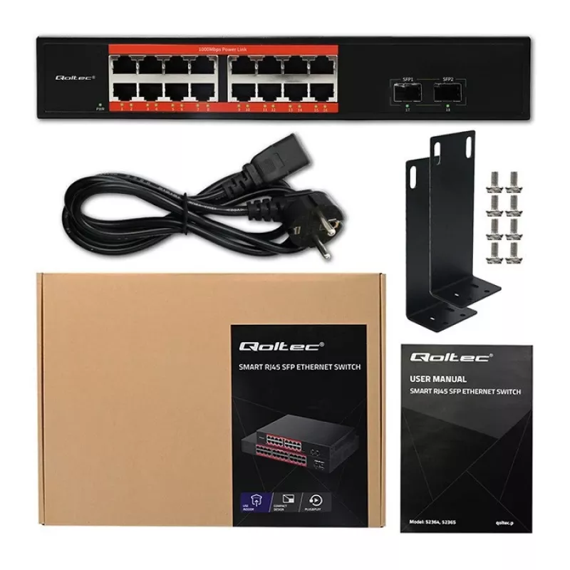 Verkkokytkin QOLTEC 52364 — Gigabit Ethernet PoE 16xRJ45, 2xSFP