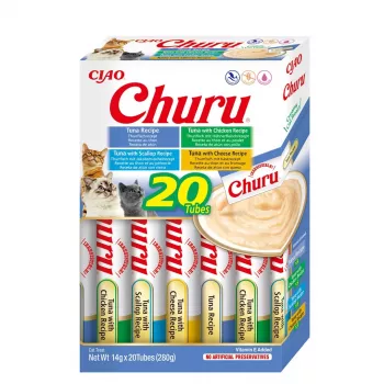 Märät kissanherkut INABA Churu lajitelma — tonnikala, 20 x 14 g pussia, tahna, kosteus 88 %, proteiini 8,5 %