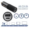 Akyga AK-CH-26 GaN-autolaturi 12/24 V, 100 W, USB-C PD 3.0 + USB-A QC 3.0, harmaa