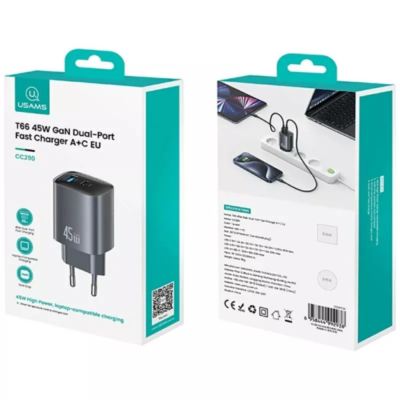 Laturi T66 45W GaN CC290 USB-A + USB-C