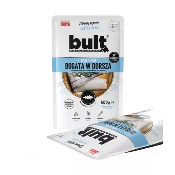 Märkäruoka koirille BULT Rich in Cod 500 g — täysravinto tölkkiateria aikuisille koirille, proteiini 12 %, rasva 5,5 %, kosteus 78 %