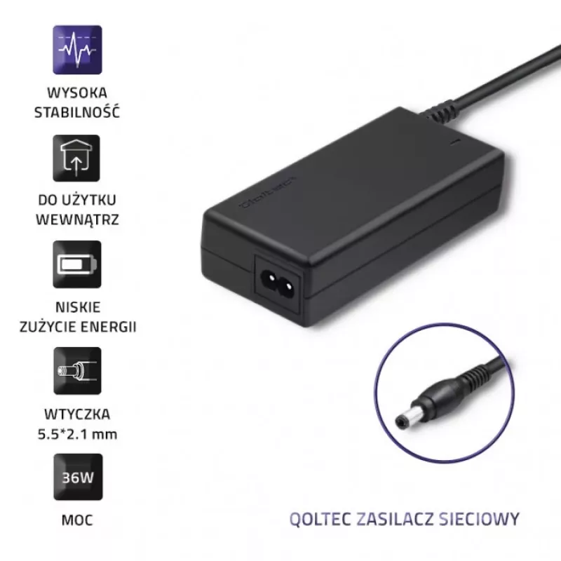 Qoltec 50769 pöytämallinen virtalähde 36 W, 12 V, 3 A, 5,5 x 2,1 mm, virtajohdolla