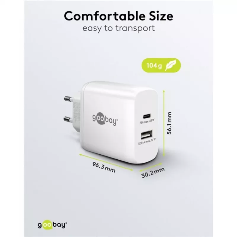 USB-C kaksoispikalaturi, PD, GaN, 65 wattia (valkoinen, 1x USB-C, 1x USB-A, Power Delivery)