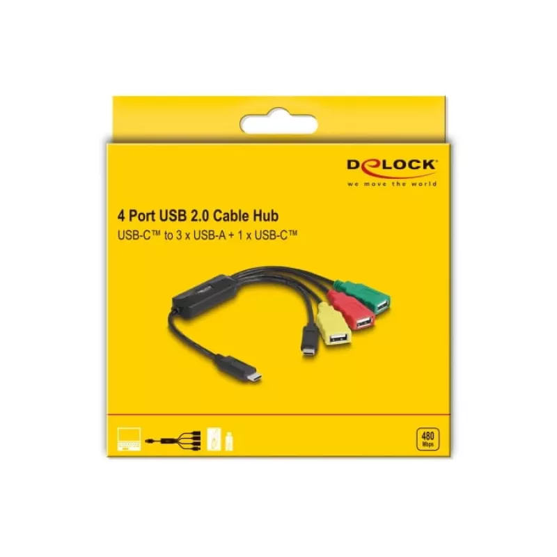 DeLOCK 4-porttinen USB 2.0 -kaapelikeskitin USB Type-C - 3 x USB-A liitäntä + 1 x USB-C pistoke